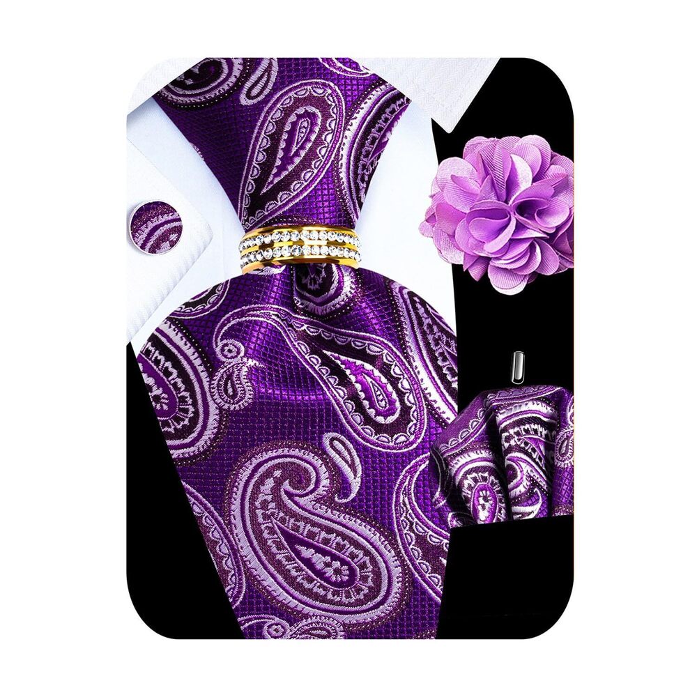 5756 5PCS Purple Paisley Silk Designer Tie Pocket Square Cufflinks